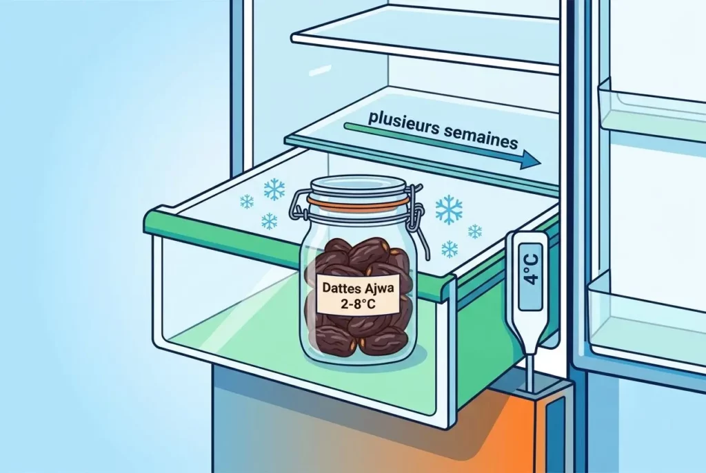 Dattes Ajwa dans un bocal conservées au réfrigérateur, affichant 2–8 °C, pour prolonger leur fraîcheur. Entourage: porte du réfrigérateur et thermomètre affichant 4 °C.