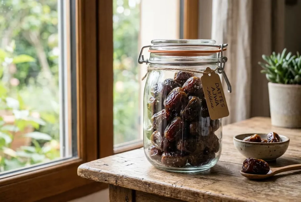 Dattes Ajwa dans un bocal en verre avec étiquette, posé sur une table en bois près d’une fenêtre lumineuse, prêt à être conservées.