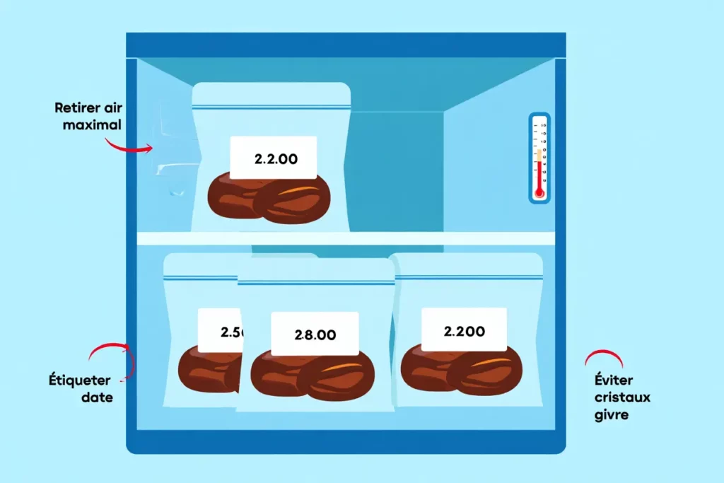 Dattes ajwa emballées dans des sachets dans un réfrigérateur, étiquettes de dates visibles et indication de température, conseils de conservation et éviter les cristaux de givre. Comment conserver les dattes ajwa.
