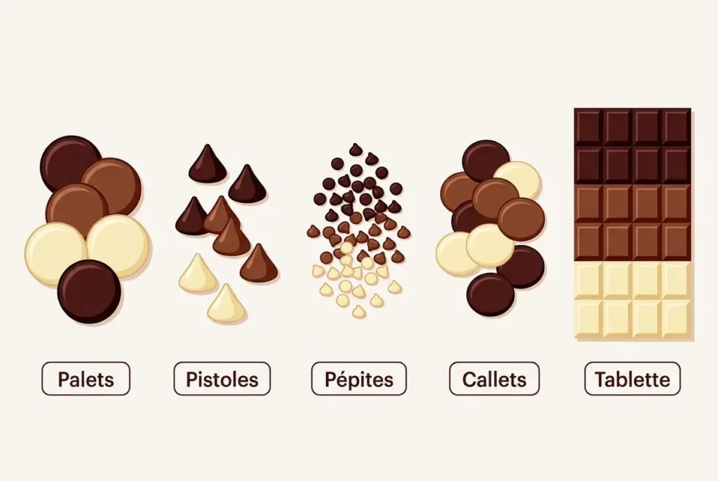 Palette de chocolats en morceaux, pistoles et pépites près d’un tableau de chocolats assortis et d’une tablette variée. Chocolat de couverture.