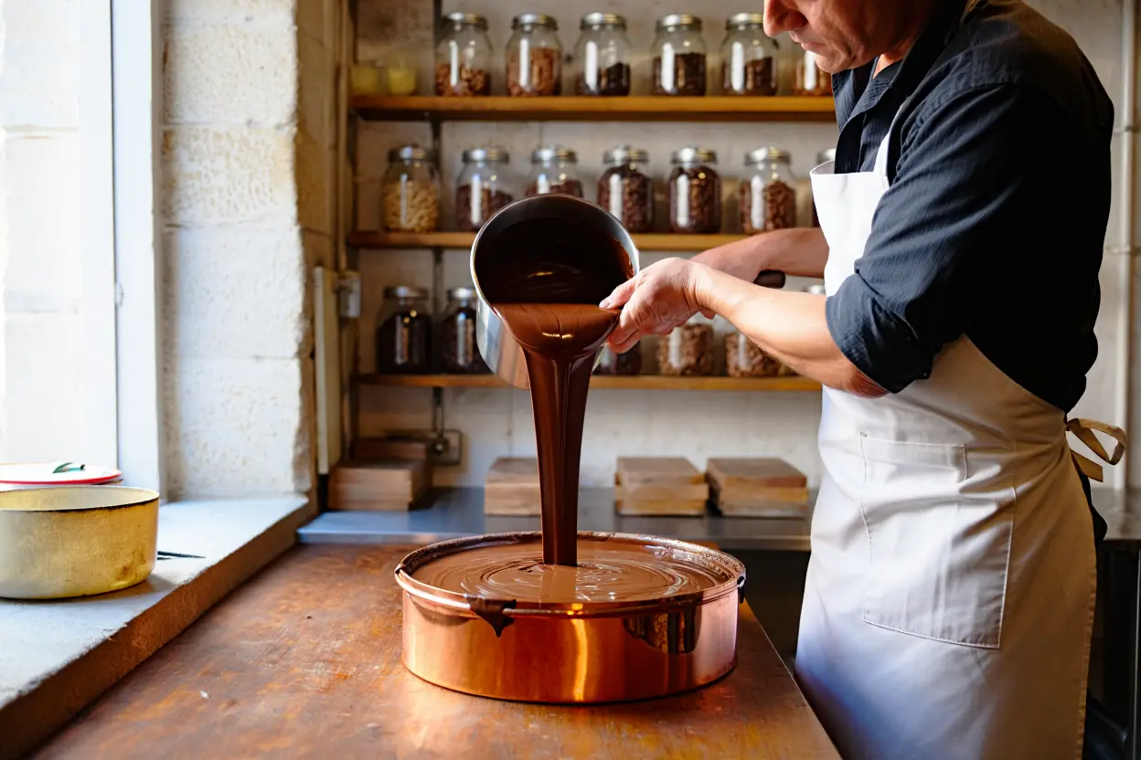 Préparant du chocolat fondu dans une grande casserole, artisan en tablier verse la ganache dans un moule, ambiance atelier chocolatier. emballage chocolat artisanal.