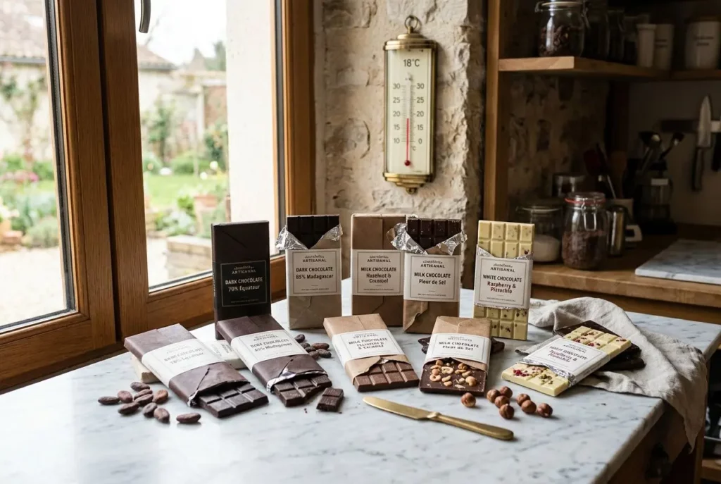 Tablette et barres de chocolat de couverture variés sur une table près d’une fenêtre, assortis de cassons et morsures de cacao.