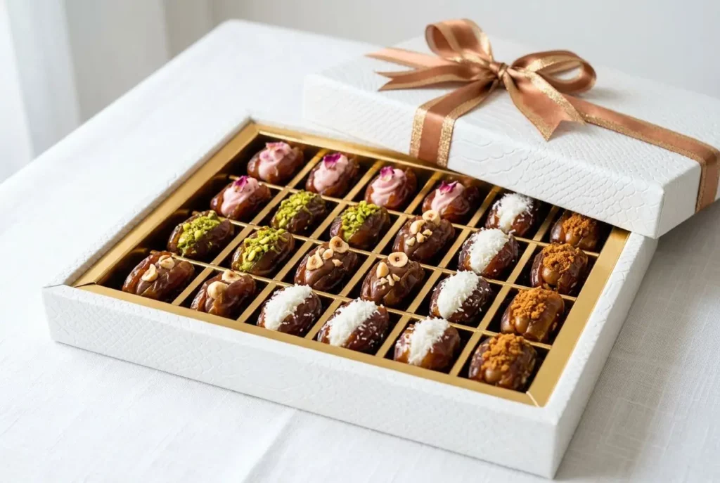 Boîtes de chocolats assortis dans une boîte blanche élégante, ruban doré et nœud; présentation raffinée pour un cadeau. ttes fourrées pour mariage