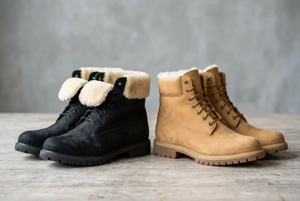 Bottes fourrées pour mariage: deux paires isolantes, noir et beige, avec doublure en fourrure et semelles robustes, prêtes pour l’hiver.