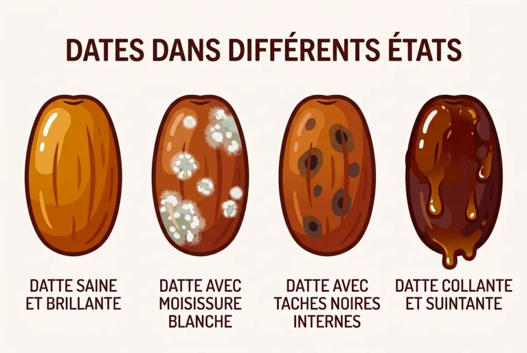 Dates dans différents états montrant: datte saine, datte avec moisissure blanche, datte avec taches noires internes, datte collante et suintante, pourquoi les dattes moisissent et comment éviter la moisissure.