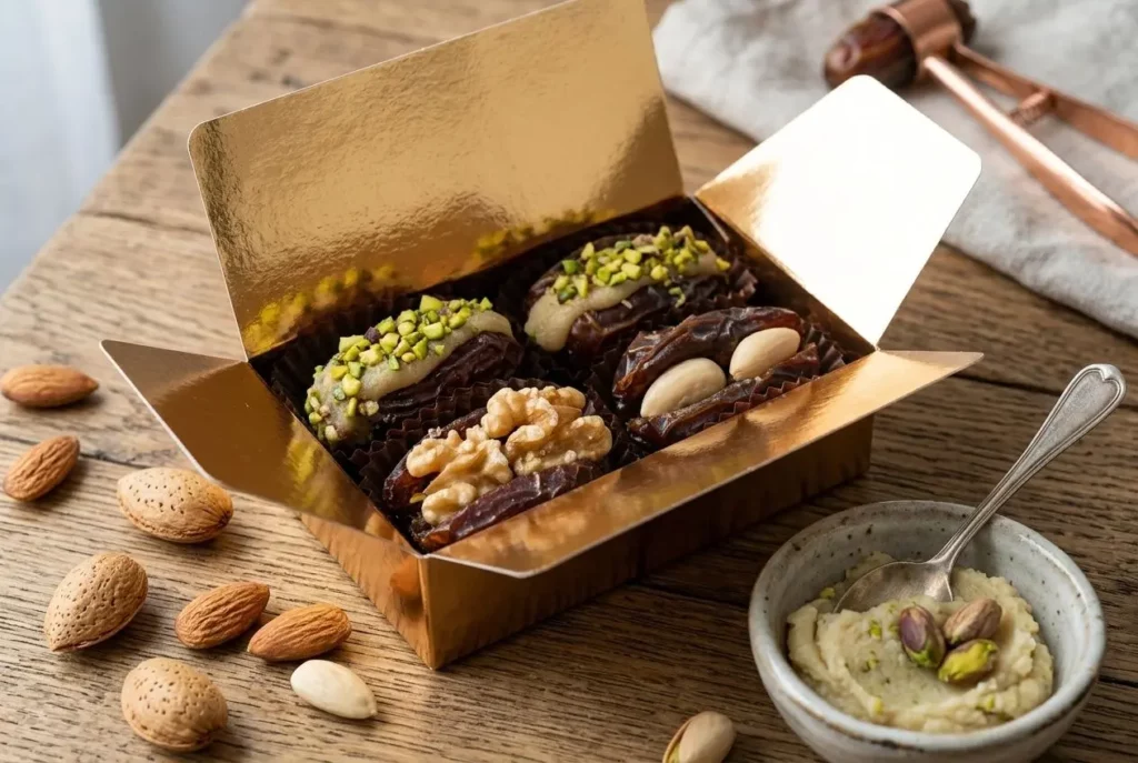 Dattes fourrées chocolatées garni d’amandes et noix, dans une boîte dorée, avec pâte d’amande et pistaches.