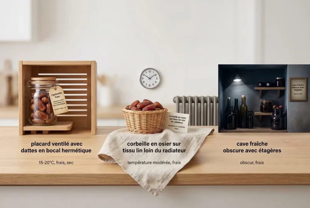 Dattes fraîches présentées dans un petit panier et dans un bocal, près d’un radiateur et d’une étagère à alcool, démontrant diverses méthodes de conservation. Comment conserver dattes frais est suggéré.