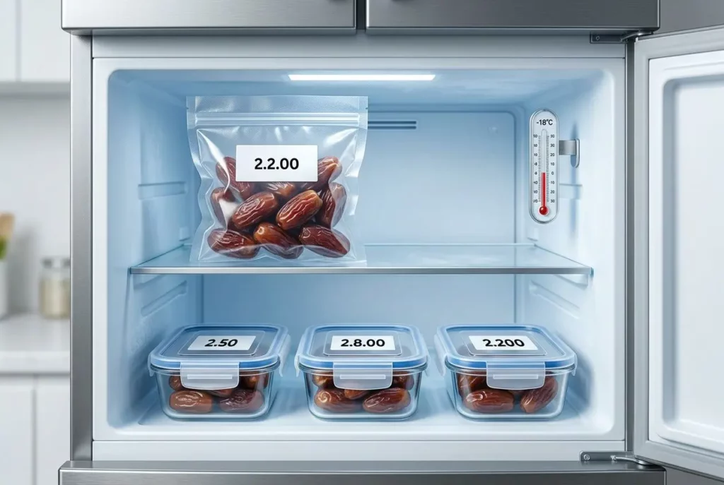 Dattes fraîches scellées dans des sachets et boîtes transparentes dans un réfrigérateur, températures visibles sur la porte, pour comprendre comment conserver dattes frais.