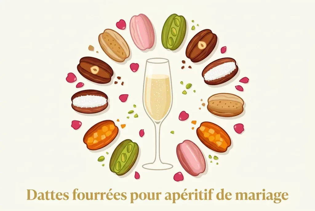 Vignette d’apéritif de mariage avec flûte de champagne entourée de macaroons colorés et de petits cœurs; texte « Dattes fourrées pour apéritif de mariage » au bas.
